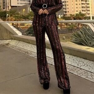 Zara | Sparkle Sequins Flare Wide Leg Pants Striped Black‎ Red - 3440/251/800